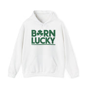 white hoodie with 'Born Lucky' text funny st patricks day design