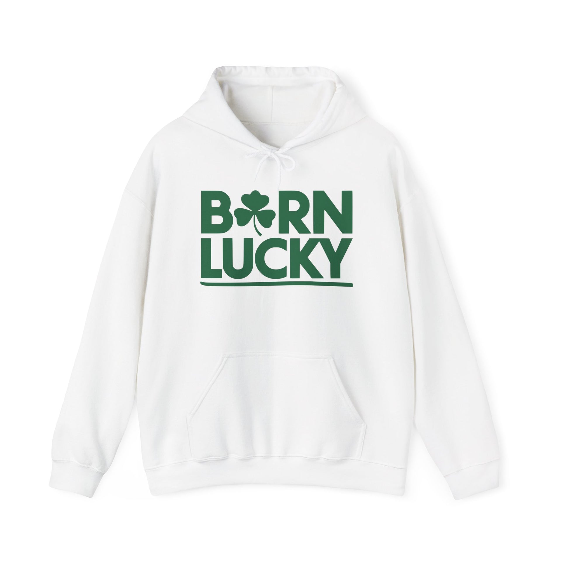 white hoodie with 'Born Lucky' text funny st patricks day design