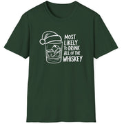 Funny Christmas Drinking Humor Short Sleeve Shirt with a whiskey glass with a santa hat and the text "Most Likely to Drink All of the Whiskey" - Forest Green