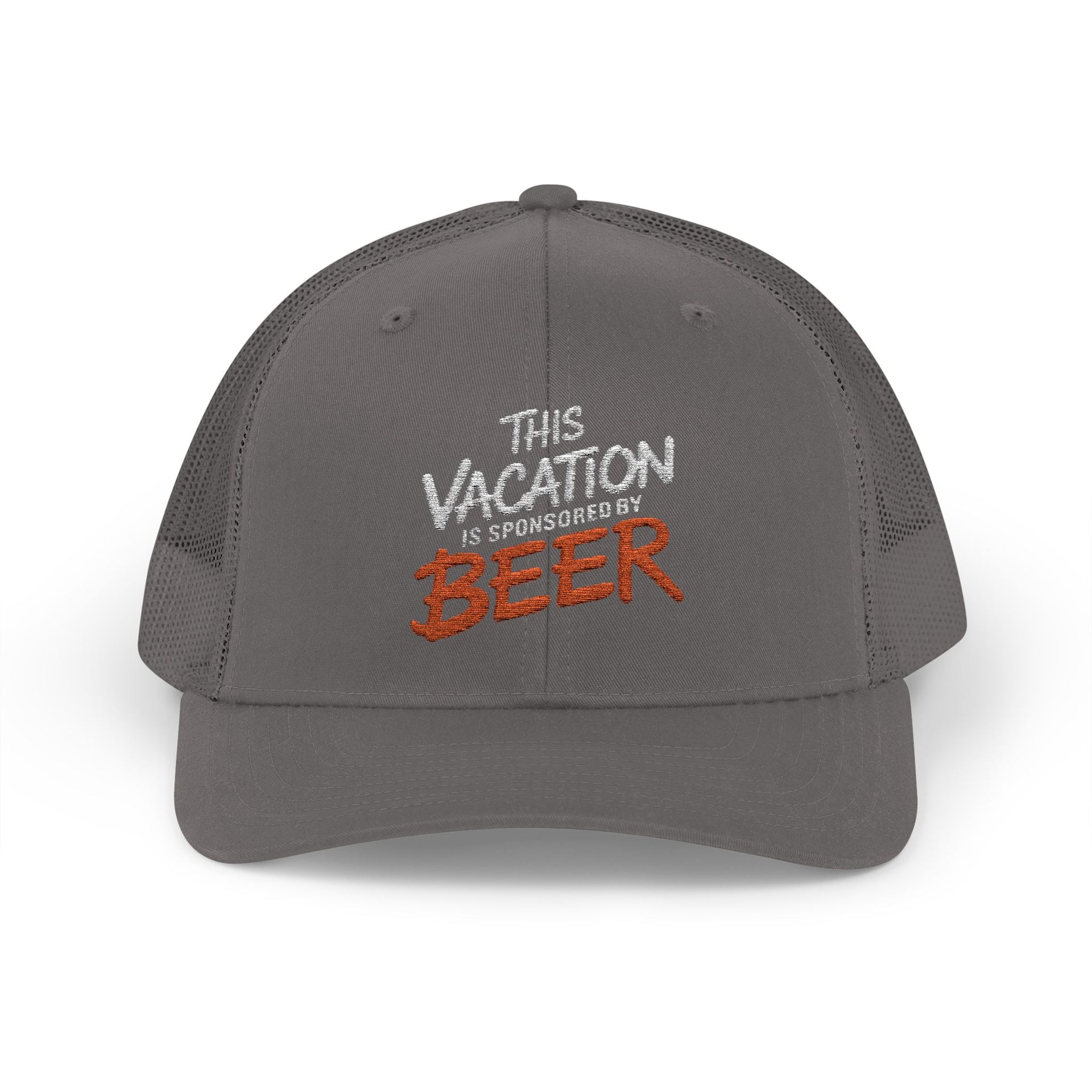 a gray embroidered trucker cap  with text 'This vacation is sponsored by beer' funny spring break, beach vacation, lake season design