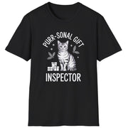 Black t-shirt with a cat graphic and the text purr-sonal gift inspector funny christmas sweater