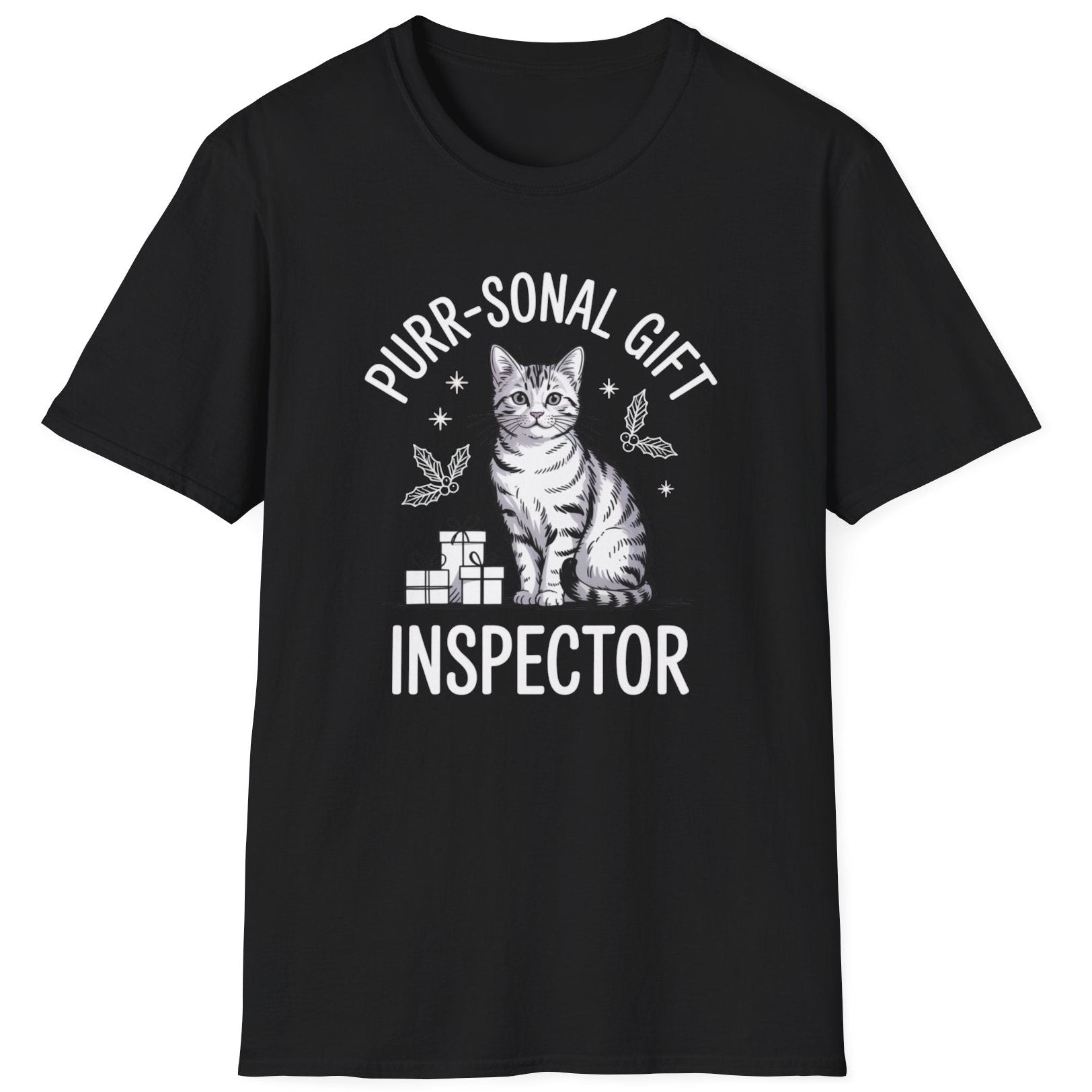 Black t-shirt with a cat graphic and the text purr-sonal gift inspector funny christmas sweater
