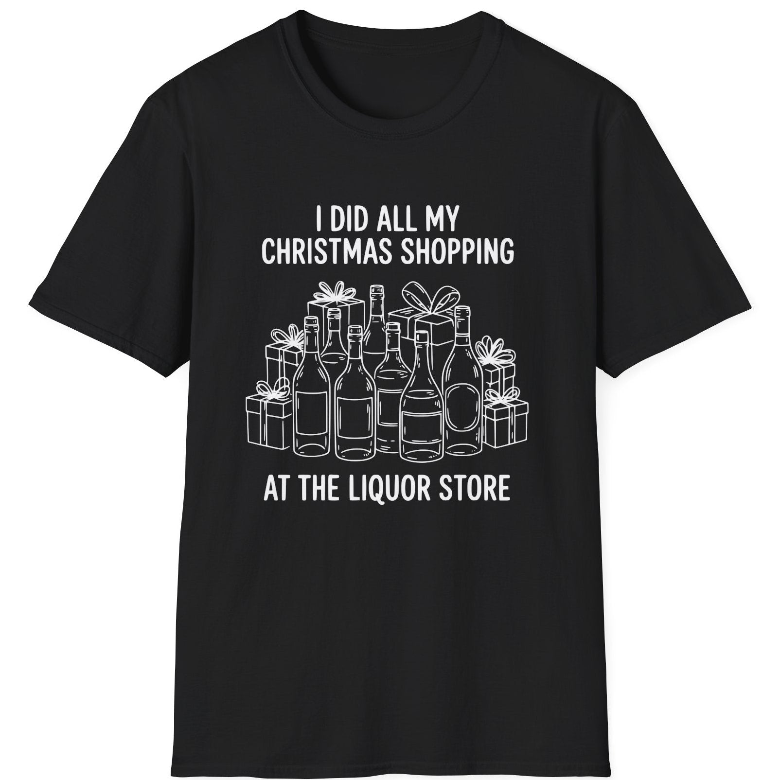 Funny Christmas Drinking Short Sleeve Shirt with liquor bottles and wrapped packages and the text "I did all my Christmas Shopping at the Liquor Store" - Black