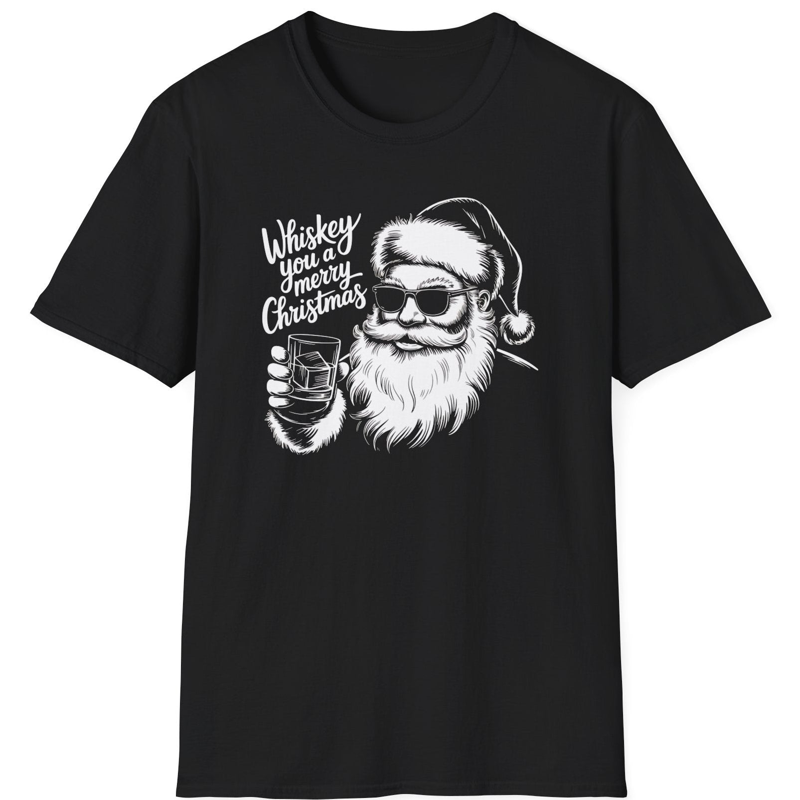 Funny Christmas Short Sleeve Shirt with Santa flipping his middle fingers and the text " Merry Kiss My Ass" - Black