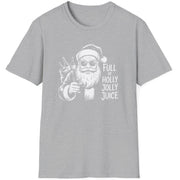 Gray  t-shirt with a graphic of Santa Claus holding a bottle and text 'Full of Holly Jolly Juice'  funny christmas sweater