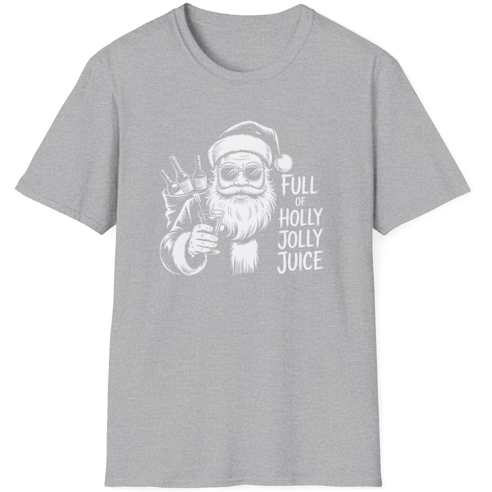 Gray  t-shirt with a graphic of Santa Claus holding a bottle and text 'Full of Holly Jolly Juice'  funny christmas sweater
