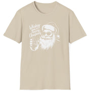 Funny Christmas Short Sleeve Shirt with Santa flipping his middle fingers and the text " Merry Kiss My Ass" - Sand