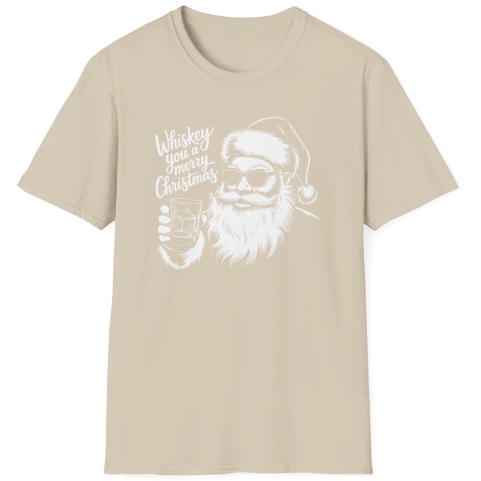 Funny Christmas Short Sleeve Shirt with Santa flipping his middle fingers and the text " Merry Kiss My Ass" - Sand
