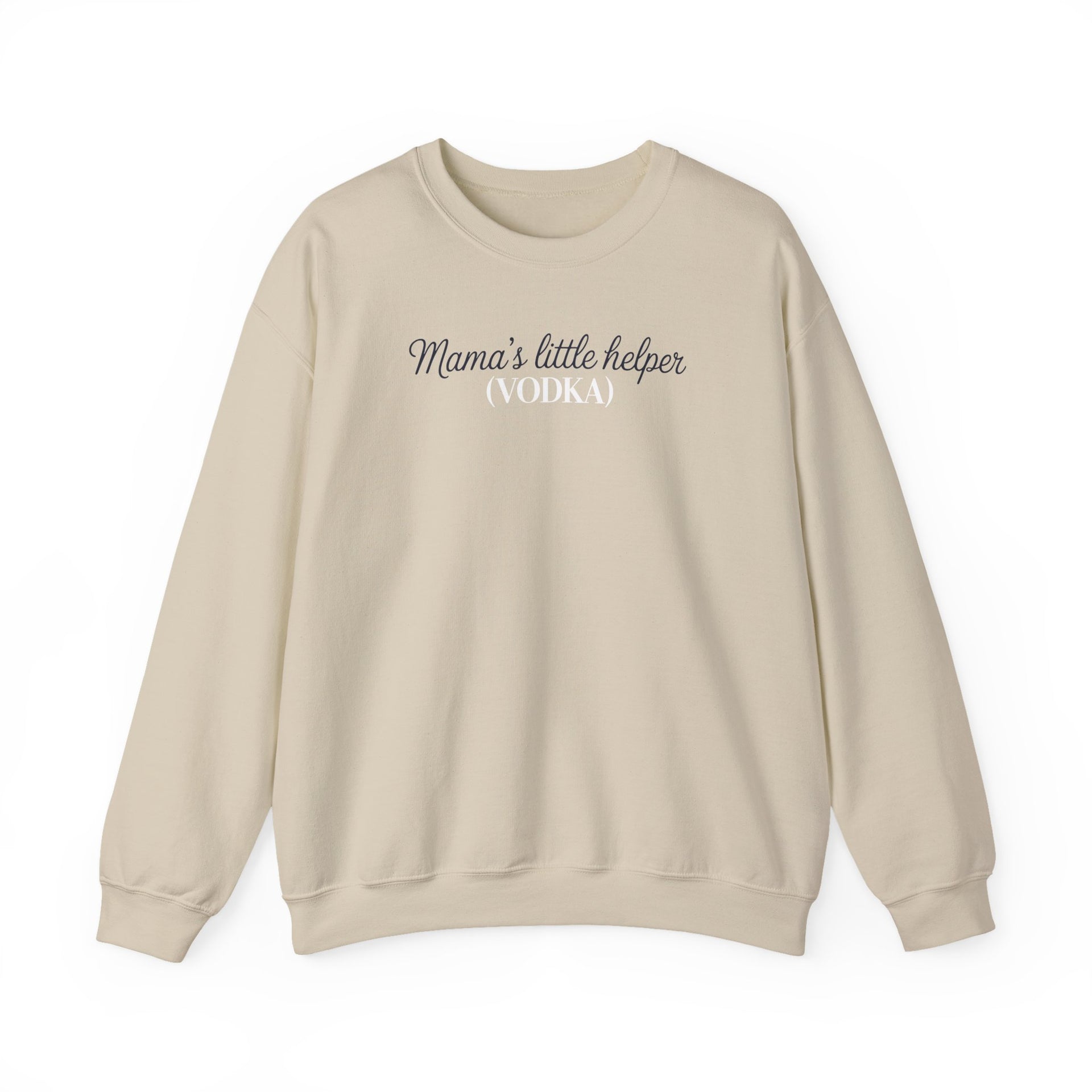 a beige sweatshirt with 'Mama's little helper (VODKA)' text funny mother's day, mom life, girls trip design
