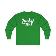 green long-sleeve shirt with the phrase 'Lucky AF' funny St Patricks Day design.