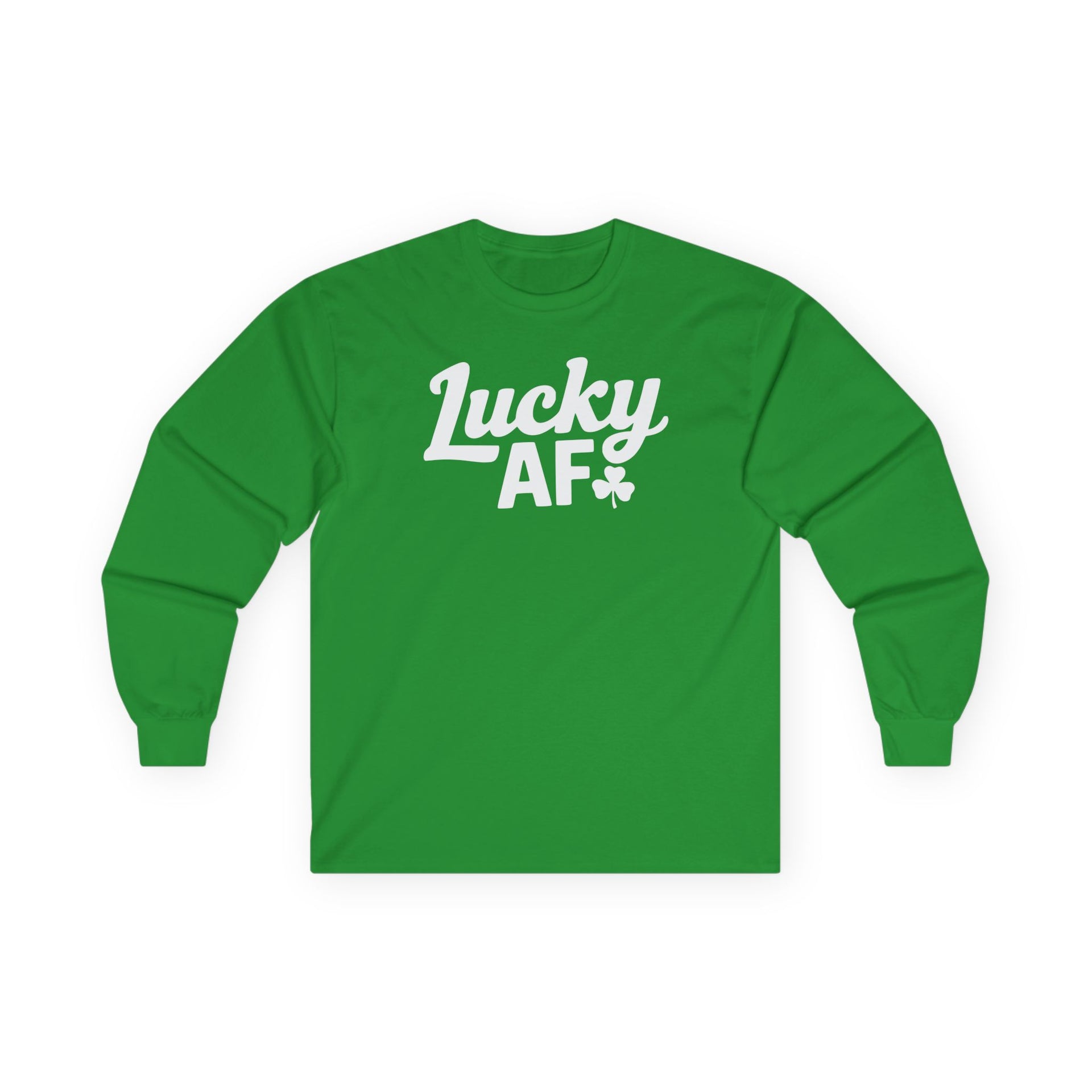 green long-sleeve shirt with the phrase 'Lucky AF' funny St Patricks Day design.