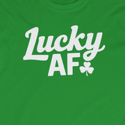 green long-sleeve shirt with the phrase 'Lucky AF' funny St Patricks Day design.