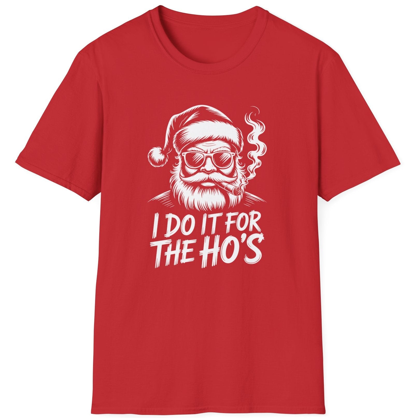 Red t-shirt with a graphic of Santa Claus and text 'I Do It for the Ho's' funny christmas sweater