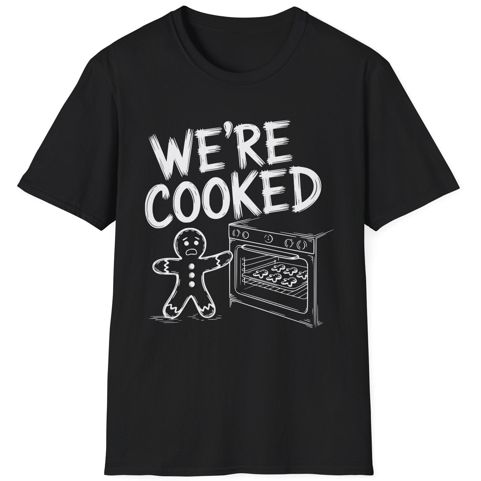 Funny Christmas Short Sleeve Shirt with a gingerbread man holding the oven door open with a sheetpan of gingerbread cookies and the text "We're Cooked" - Black