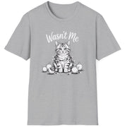Funny Christmas Cat Humor Short Sleeve Shirt with a cute cat wrapped in christmas lights and surrounded by broken ornaments and the text "Wasn't Me" - Sport Grey
