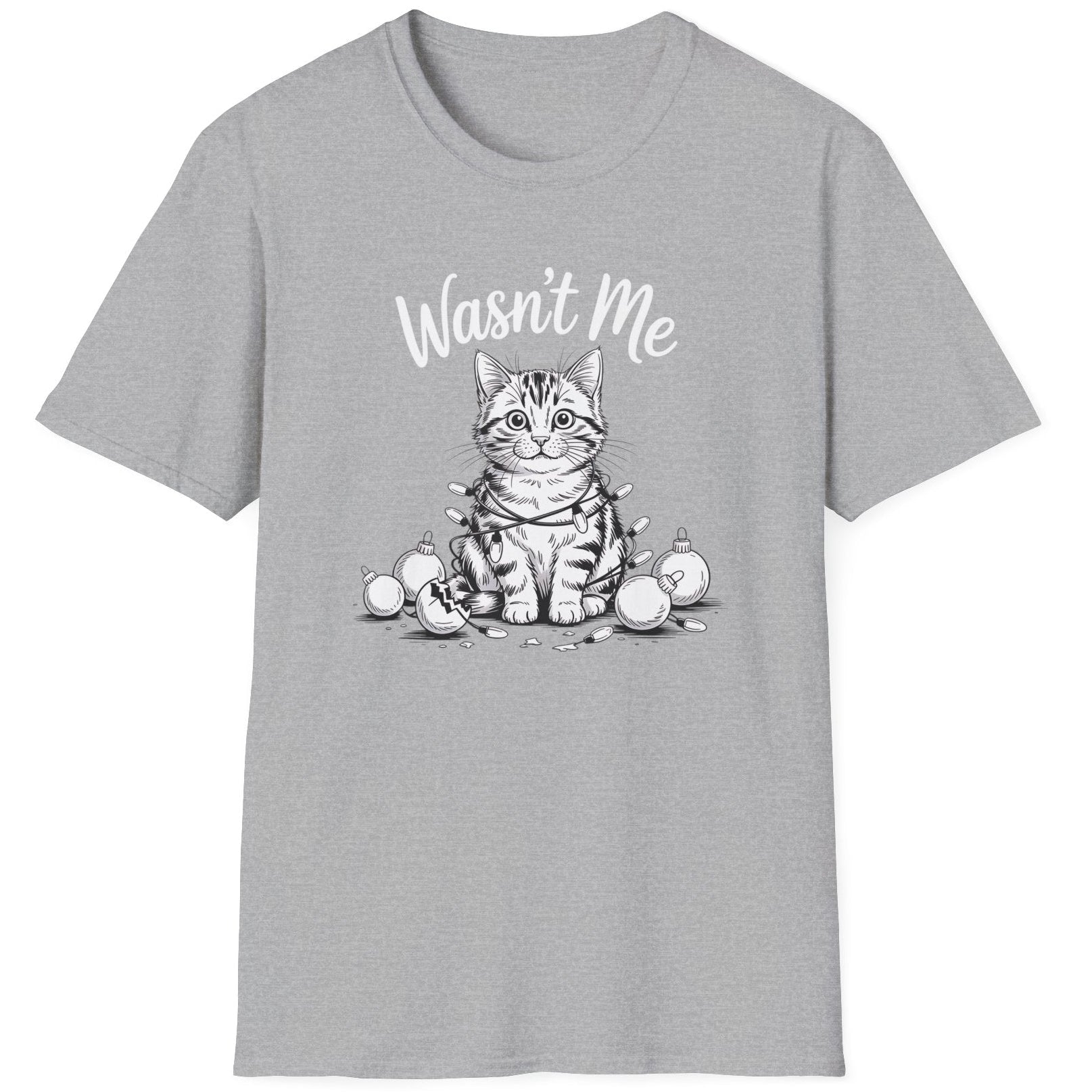 Funny Christmas Cat Humor Short Sleeve Shirt with a cute cat wrapped in christmas lights and surrounded by broken ornaments and the text "Wasn't Me" - Sport Grey