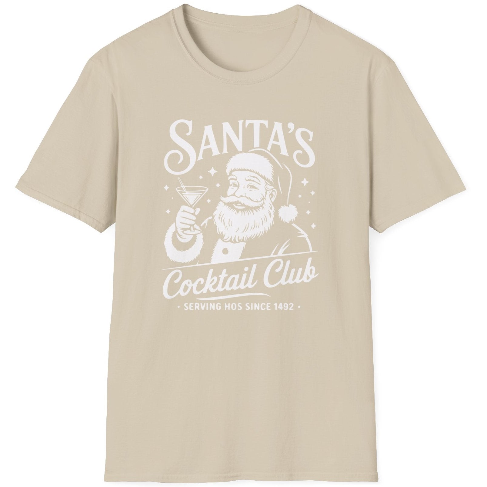 Funny Christmas Drinking  Short Sleeve Shirt with Santa drinking a cocktail and the text " Santa's Cocktail Club Serving Hos since 1492" - Sand