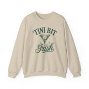 Beige sweatshirt with 'Tini Bit Irish' text and martini glass graphic funny st patricks day design