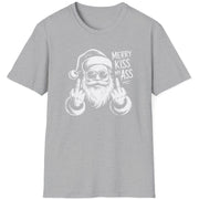 Funny Christmas Short Sleeve Shirt with Santa flipping his middle fingers and the text " Merry Kiss My Ass" - Sport Grey