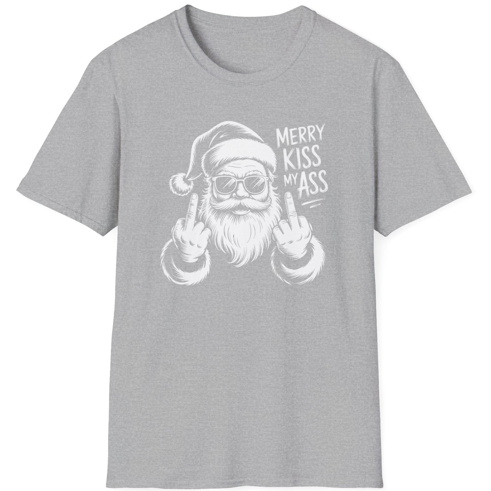 Funny Christmas Short Sleeve Shirt with Santa flipping his middle fingers and the text " Merry Kiss My Ass" - Sport Grey