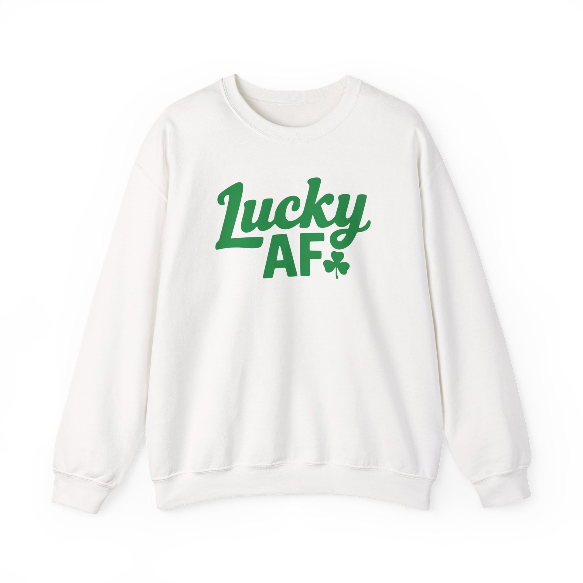white sweatshirt with the phrase 'Lucky AF' funny st patricks day design