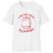 White t-shirt with red graphic and text on a white background
