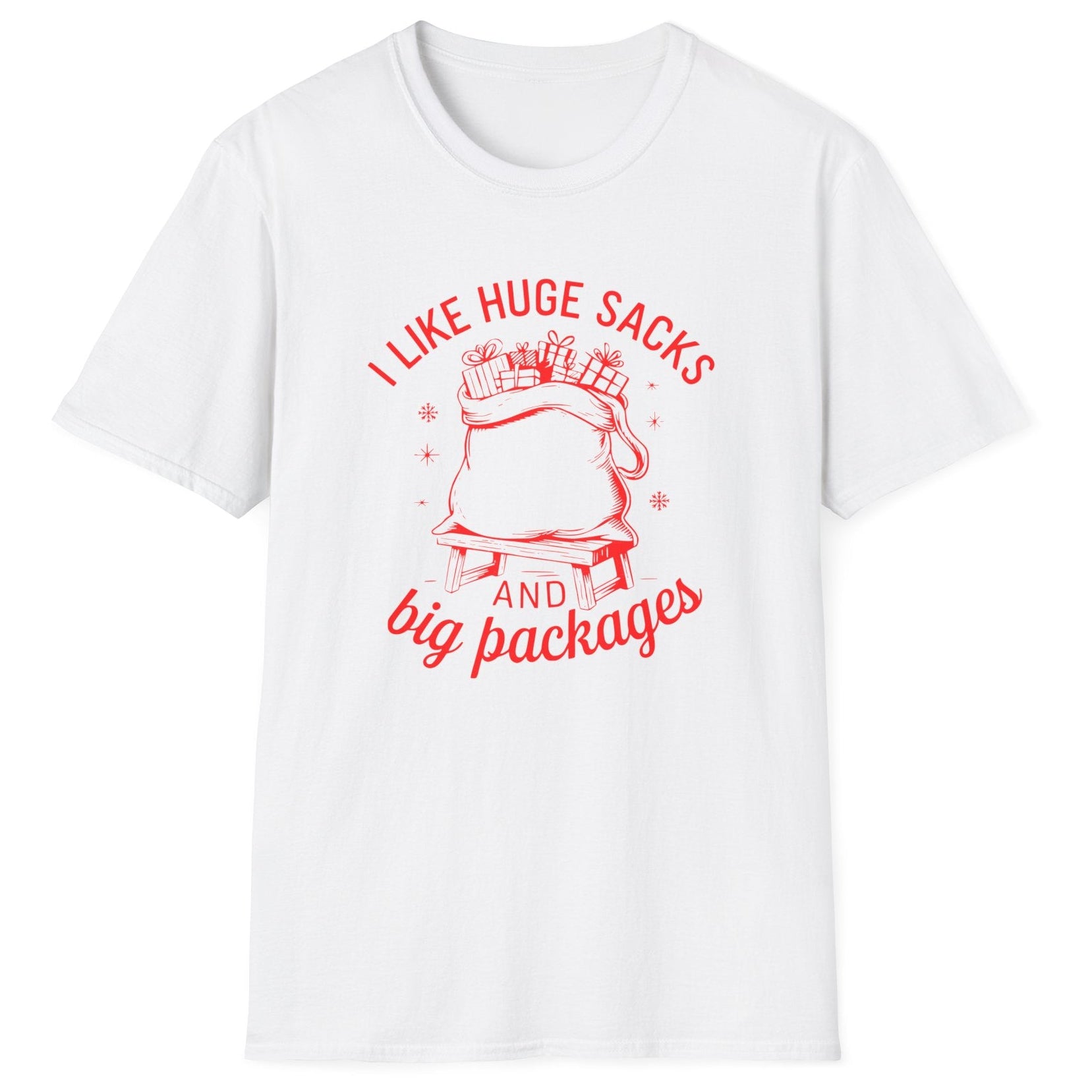 White t-shirt with red graphic and text on a white background