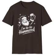 Funny Christmas Drinking Humor Short Sleeve Shirt with Santa holding a beer mug and the text and the text "I'm Ho Ho Hammered" - Dark Chocolate