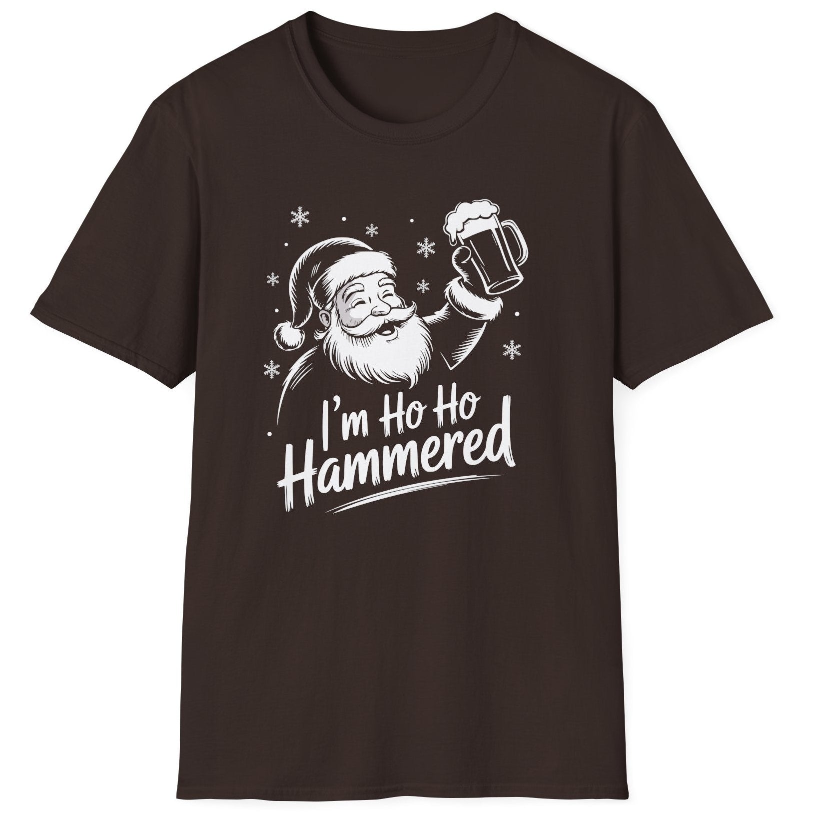 Funny Christmas Drinking Humor Short Sleeve Shirt with Santa holding a beer mug and the text and the text "I'm Ho Ho Hammered" - Dark Chocolate