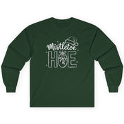 Green long-sleeve shirt with 'Mistletoe Hoe' text funny christmas tee