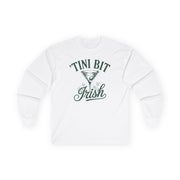 white long sleeve shirt with 'Tini Bit Irish' text funny st patricks day design