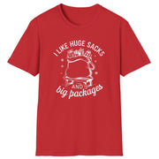 Red t-shirt with white graphic and text on a white background