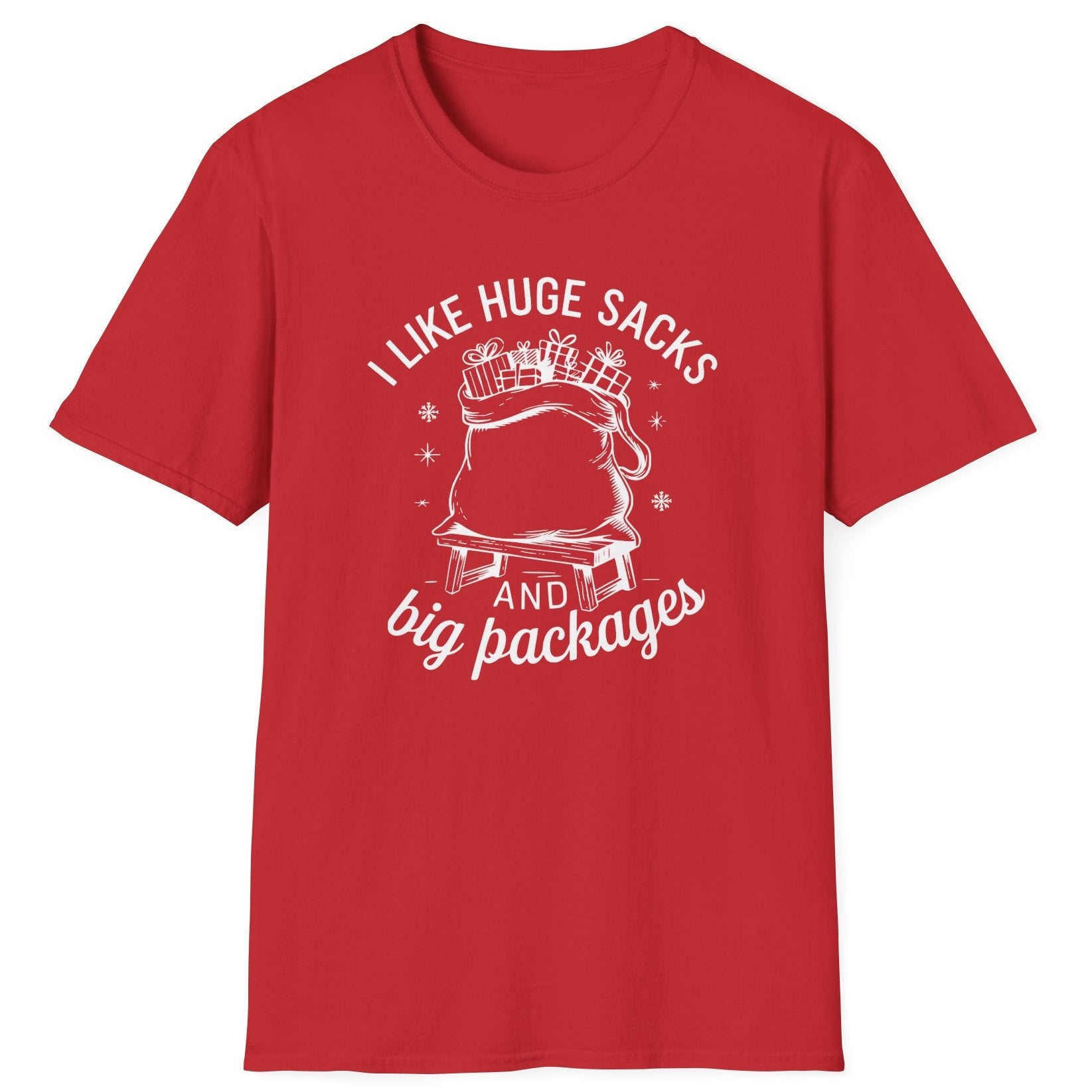 Red t-shirt with white graphic and text on a white background