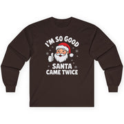 Brown long-sleeve shirt with Santa Claus graphic and text on a white background