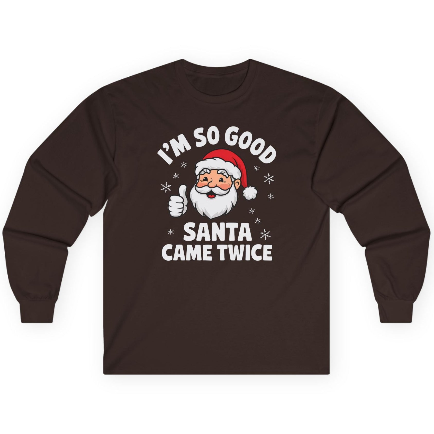 Brown long-sleeve shirt with Santa Claus graphic and text on a white background