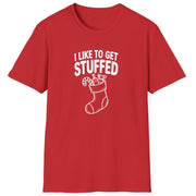 Funny Christmas Humor Short Sleeve Shirt with a stocking stuffed with presents and the text "I Like to get Stuffed" - Red