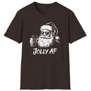 Funny Christmas Humor Short Sleeve Shirt with Santa drinking whiskey and the text "Jolly AF" - Dark Chocolate