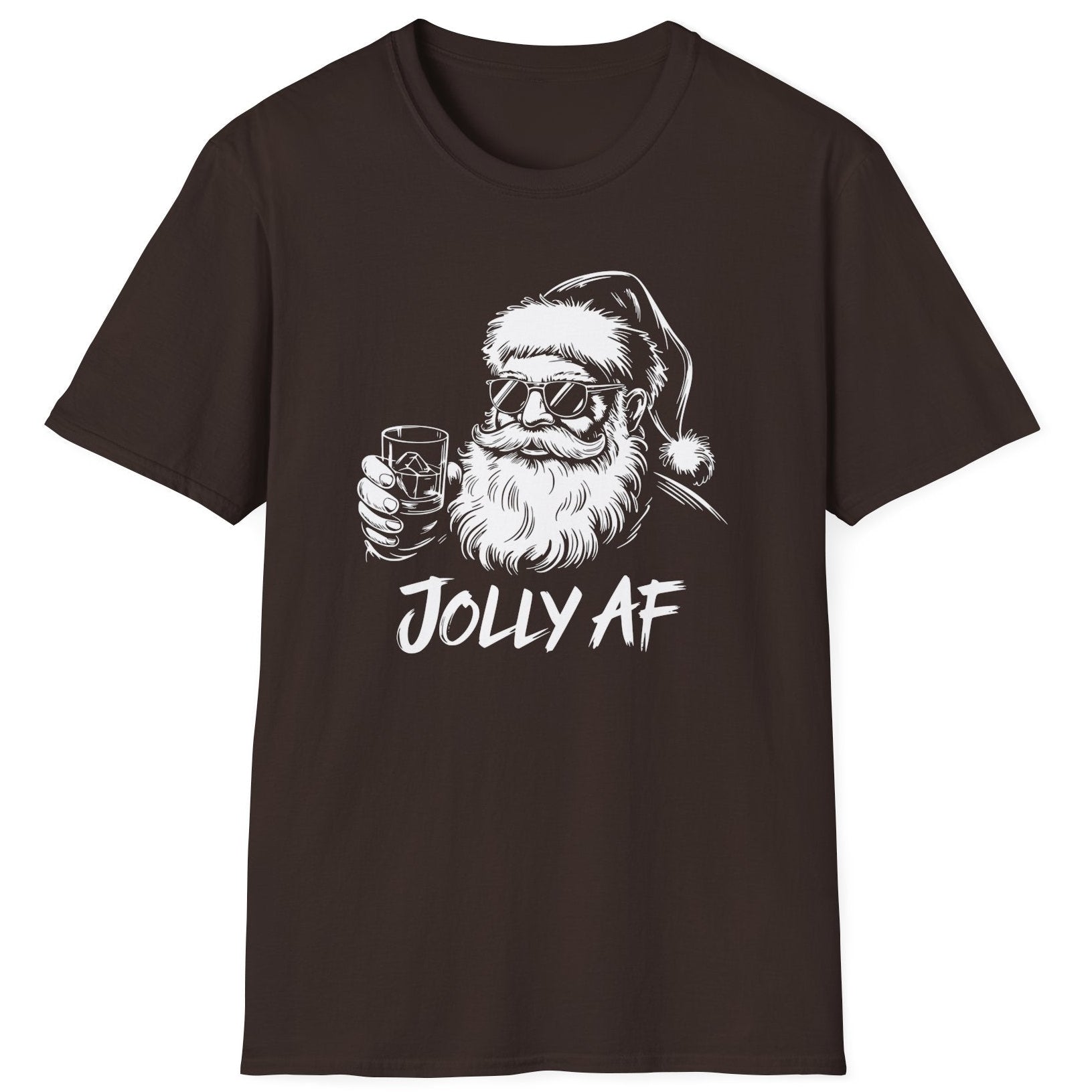 Funny Christmas Humor Short Sleeve Shirt with Santa drinking whiskey and the text "Jolly AF" - Dark Chocolate