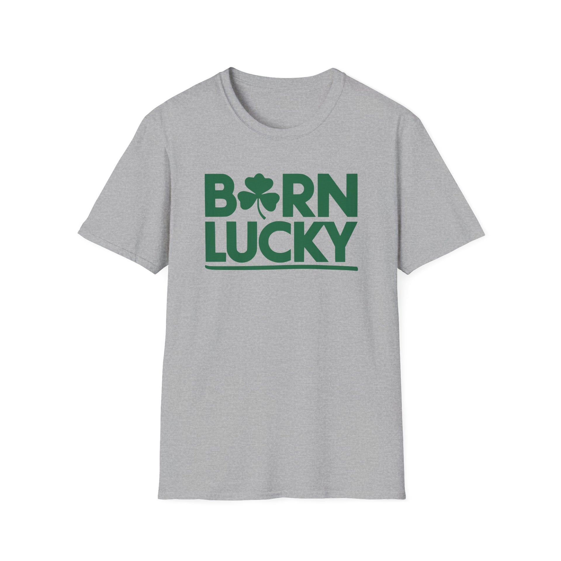 gray t-shirt with 'Born Lucky' text and clover funny st patricks day design