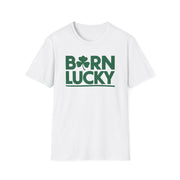 white t-shirt with 'Born Lucky' text and clover funny st patricks day design