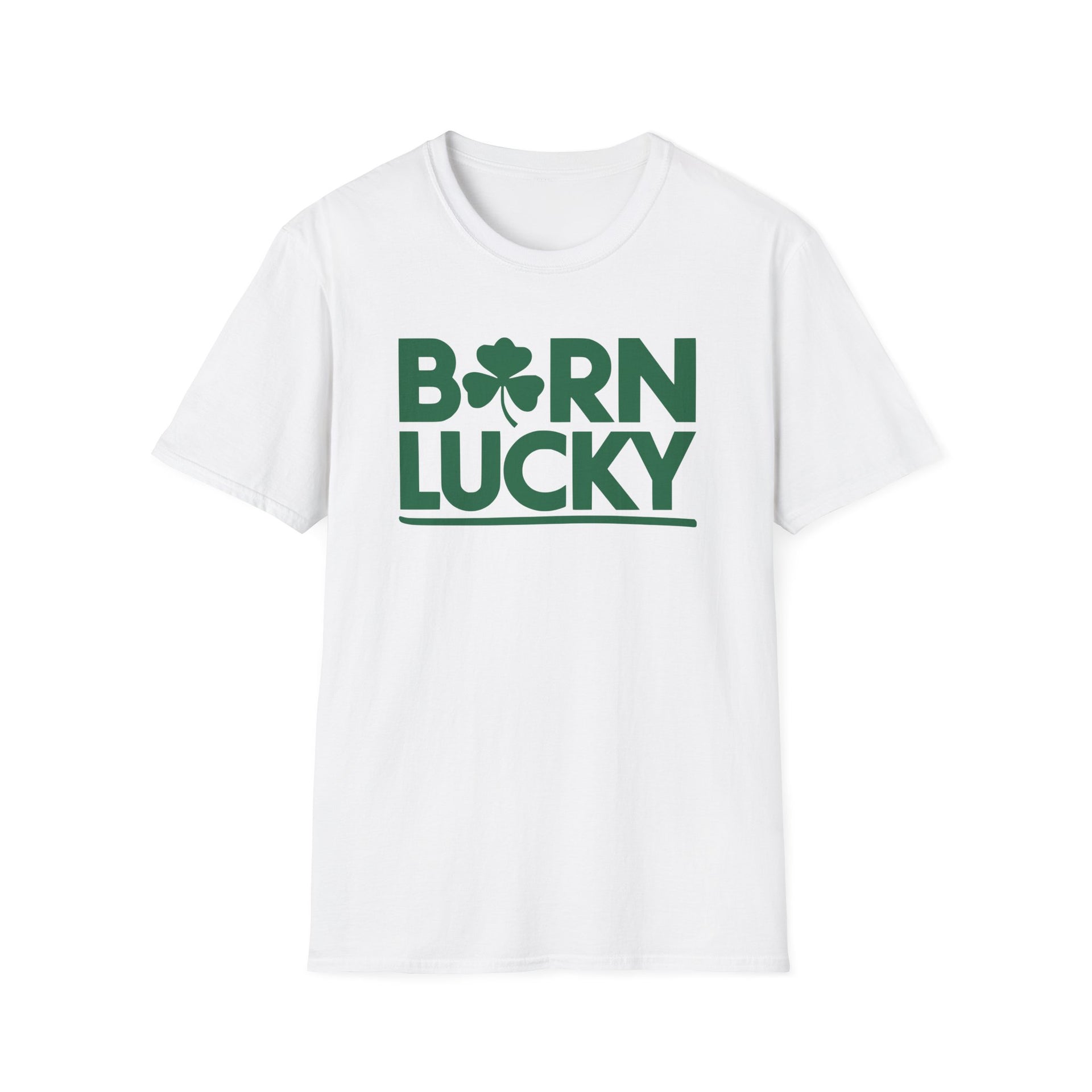 white t-shirt with 'Born Lucky' text and clover funny st patricks day design