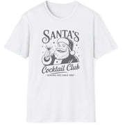Funny Christmas Drinking  Short Sleeve Shirt with Santa drinking a cocktail and the text " Santa's Cocktail Club Serving Hos since 1492" - White