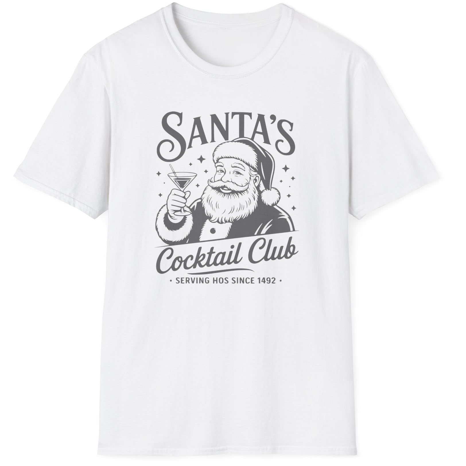 Funny Christmas Drinking  Short Sleeve Shirt with Santa drinking a cocktail and the text " Santa's Cocktail Club Serving Hos since 1492" - White