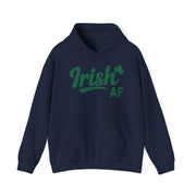 Navy hoodie with the phrase Irish AF funny St Patricks Day design