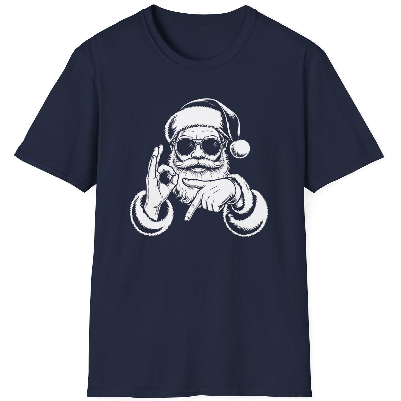 Funny 67 Meme Christmas Short Sleeve Shirt with Santa making the 67 hand Gesture - Navy Blue
