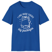 Blue t-shirt with white graphic and text on a white background