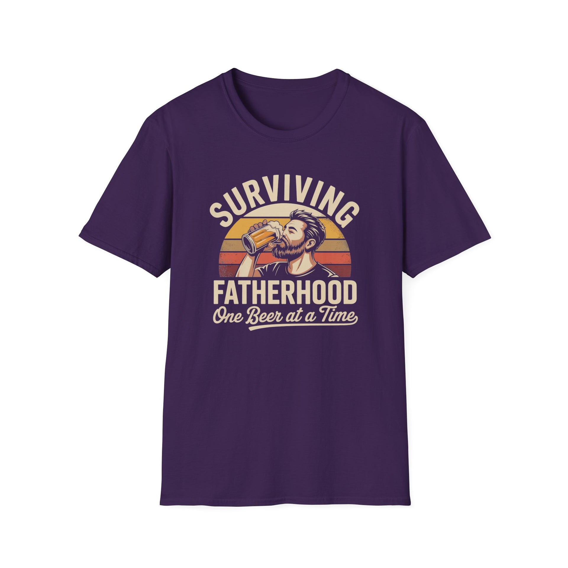 a funny purple t-shirt with the phrase 'Surviving Fatherhood One Beer at a Time" and a retro sunset graphic of a man drinking a beer funny father's day dad gift idea
