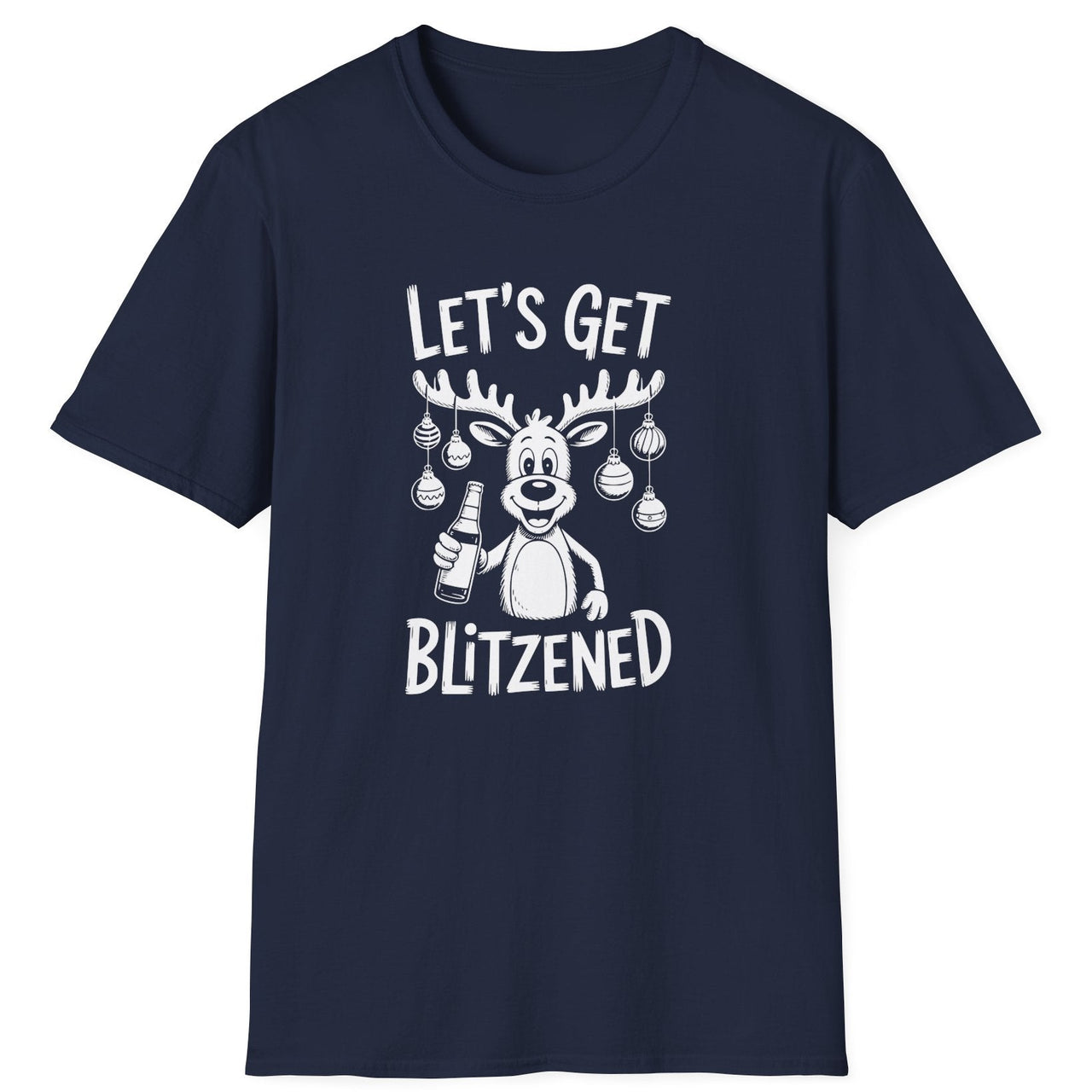 Funny Christmas Drinking Short Sleeve Shirt with a reindeer holding a beer with ornaments draped from his antlers and the text "Let's Get Blitzened" - Navy Blue