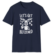 Funny Christmas Drinking Short Sleeve Shirt with a reindeer holding a beer with ornaments draped from his antlers and the text "Let's Get Blitzened" - Navy Blue