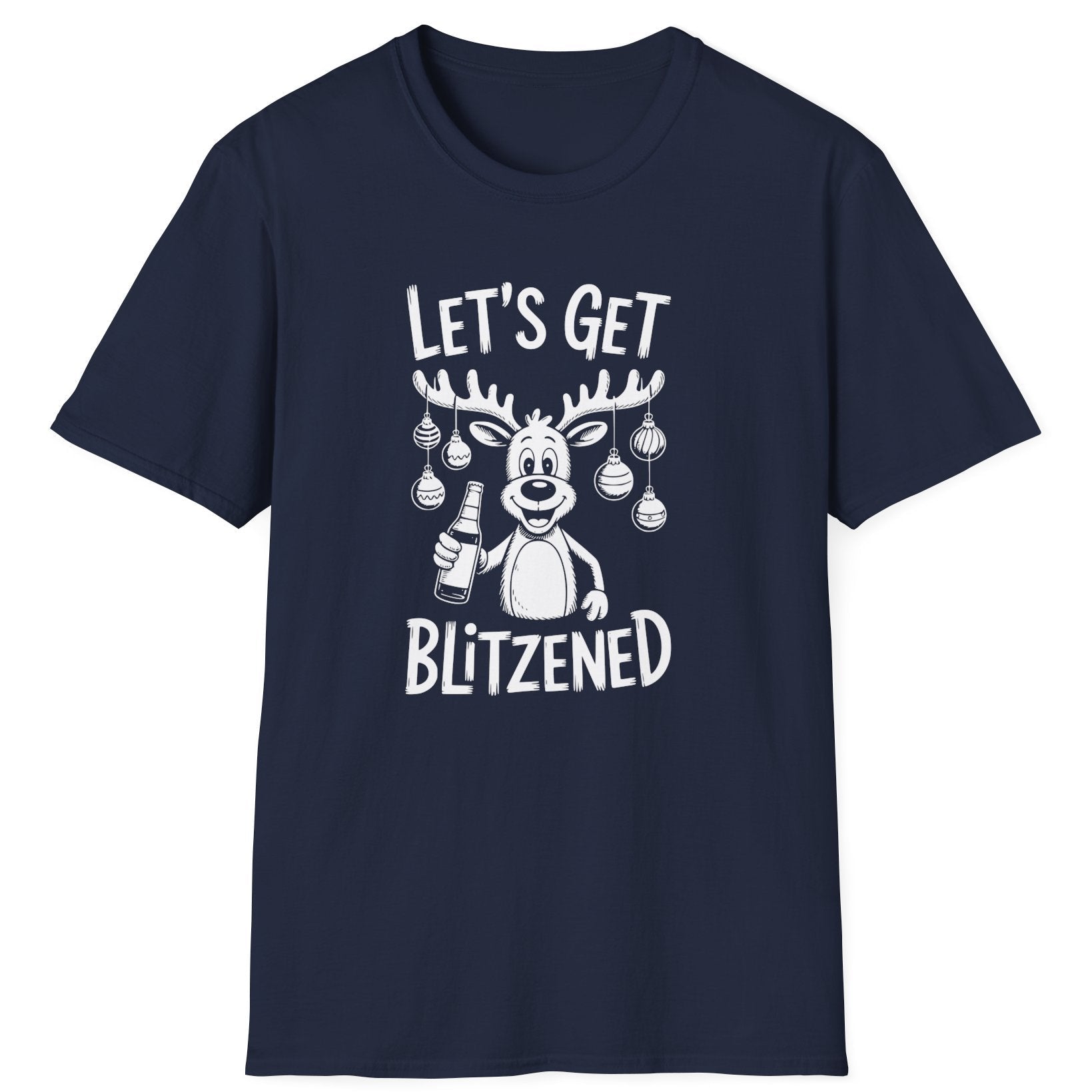 Funny Christmas Drinking Short Sleeve Shirt with a reindeer holding a beer with ornaments draped from his antlers and the text "Let's Get Blitzened" - Navy Blue